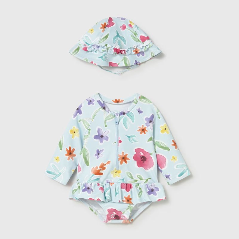 フラワー模様のオールインワンスイムウエア＆ハットSet