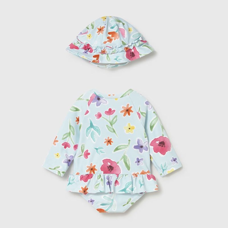 フラワー模様のオールインワンスイムウエア＆ハットSet