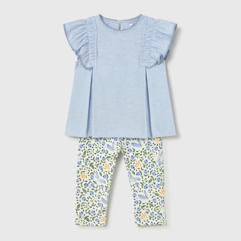 フリルトップス＆フラワーレギンスSet (ブルー)