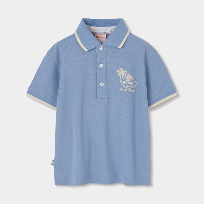 オシャレなブルーポロ&ベージュストライプのパンツSet