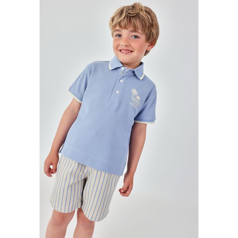 オシャレなブルーポロ＆ベージュストライプのパンツSet