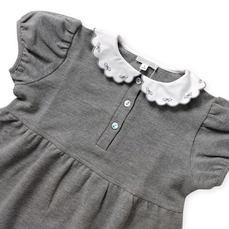 おリボンスカラップカラーのコットンジャージーワンピース (グレー)