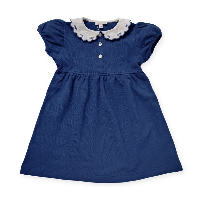 おリボンスカラップカラーのコットンジャージーワンピース (ネイビー)