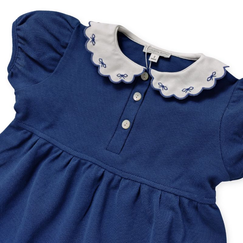 おリボンスカラップカラーのコットンジャージーワンピース (ネイビー)