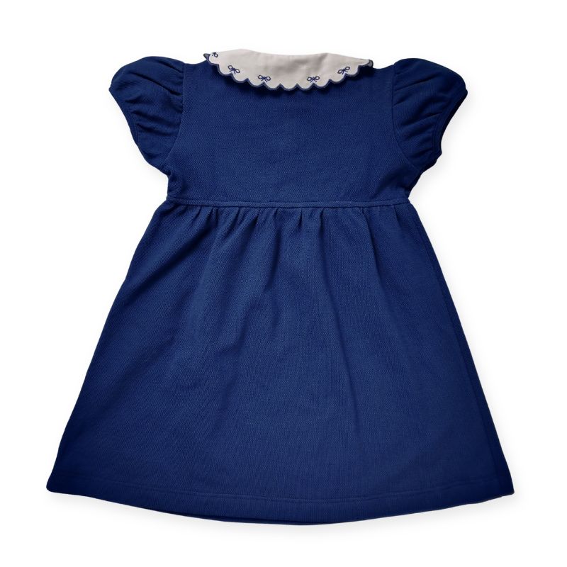 おリボンスカラップカラーのコットンジャージーワンピース (ネイビー)