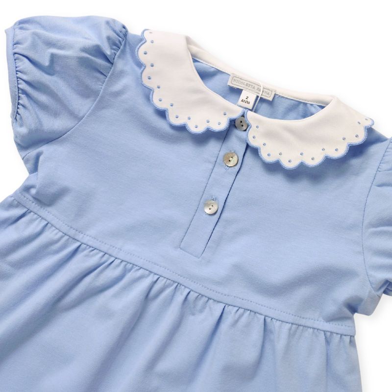 ドットスカラップカラーのコットンジャージーワンピース (ブルー)