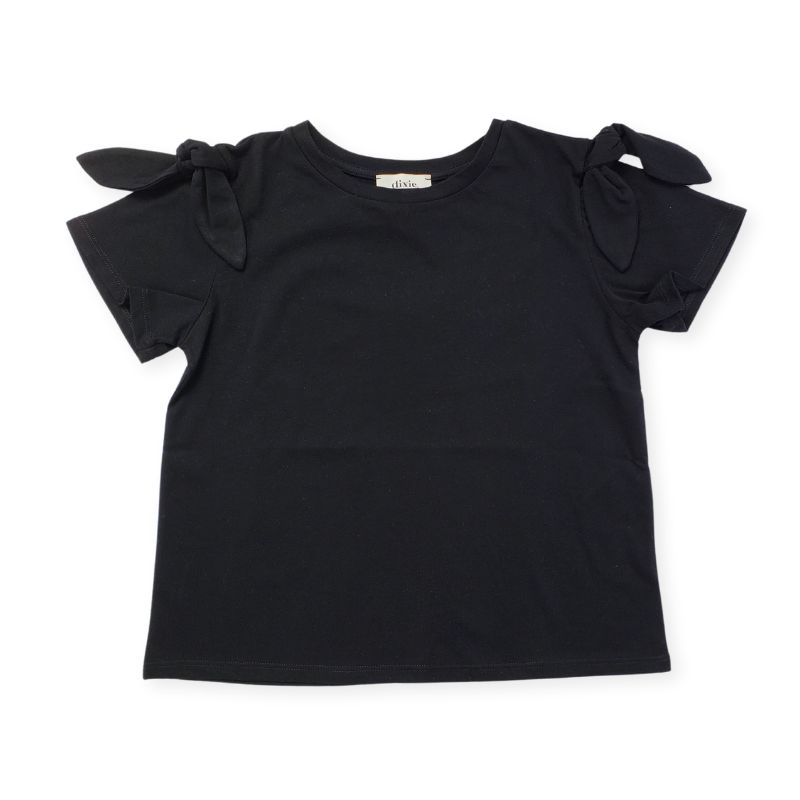 シンプルなショルダーおリボンのブラックTシャツ