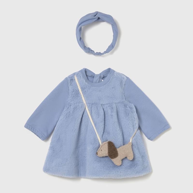 DOGポシェットのボア生地ワンピース&ヘアバンドSet