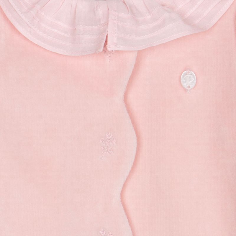 おリボンお刺しゅうスカラップのピンクベロアロンパース