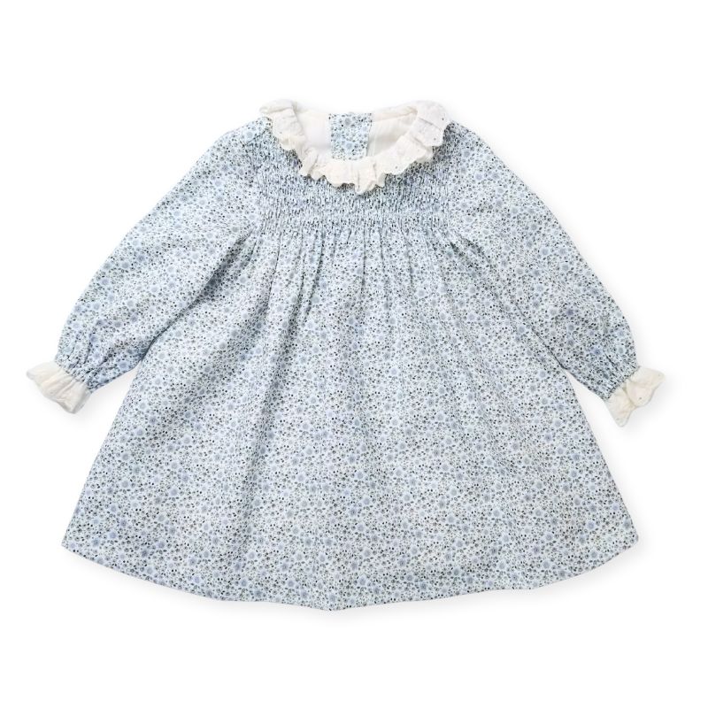優しいブルー小花のスモッキングワンピース