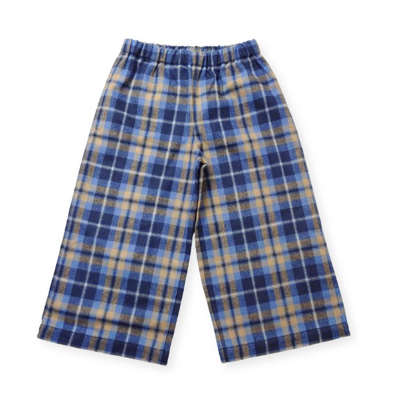 上質コットン・ブルー系チェックのガウチョパンツ