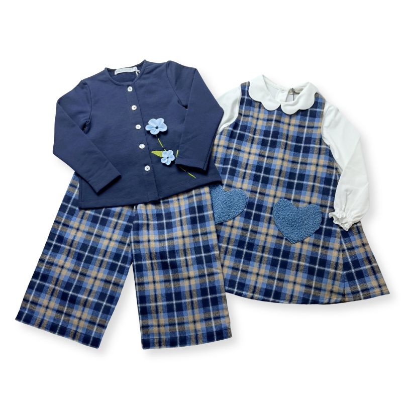 上質コットン・ブルー系チェックのガウチョパンツ