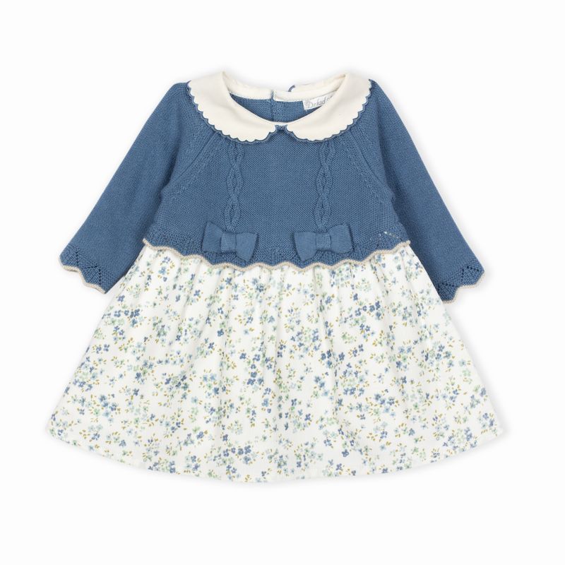 ブルーニット&ブルー小花のワンピース