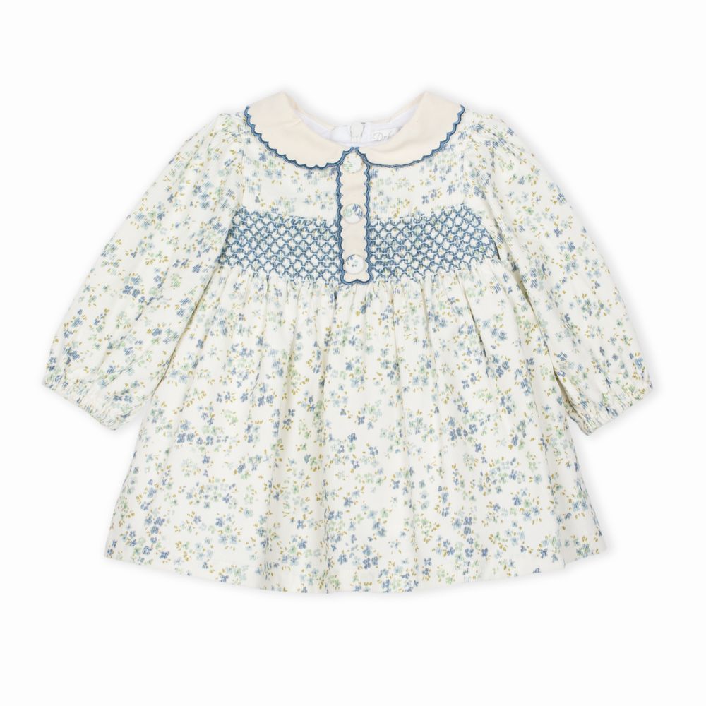 ブルー小花のスモッキングワンピース