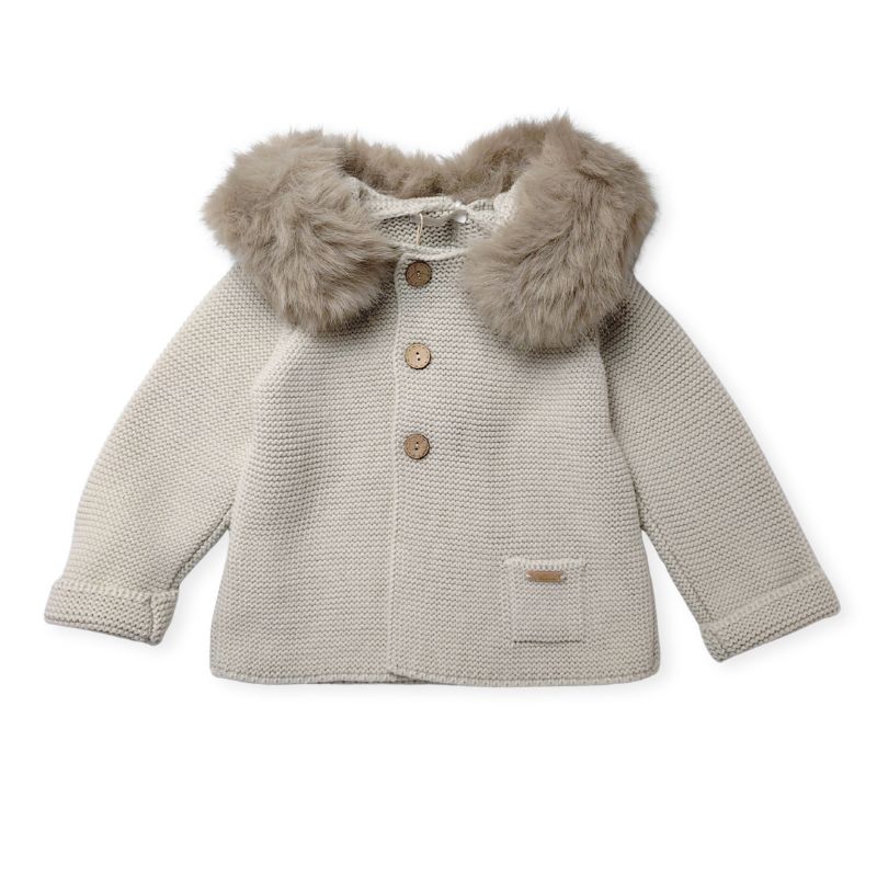 素敵なファー付きフードのニットコート/LG