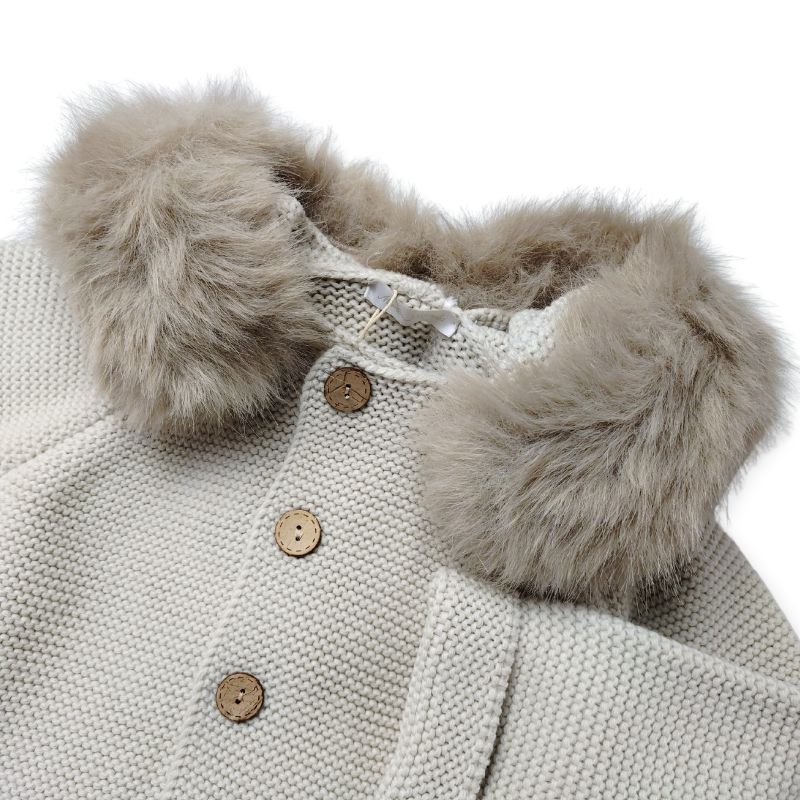 素敵なファー付きフードのニットコート/LG