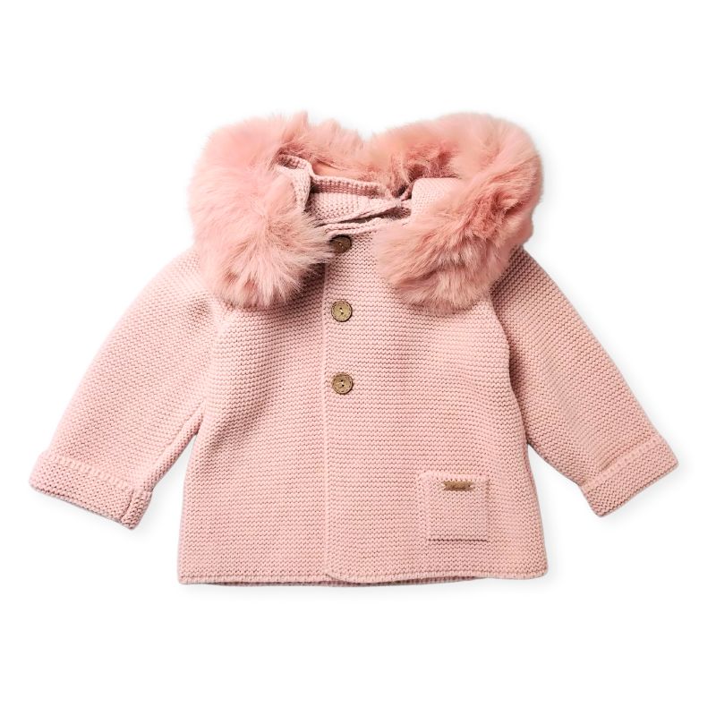 素敵なファー付きフードのニットコート/P