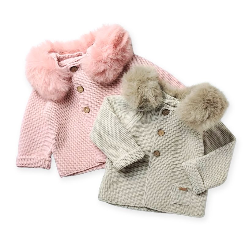 素敵なファー付きフードのニットコート/P