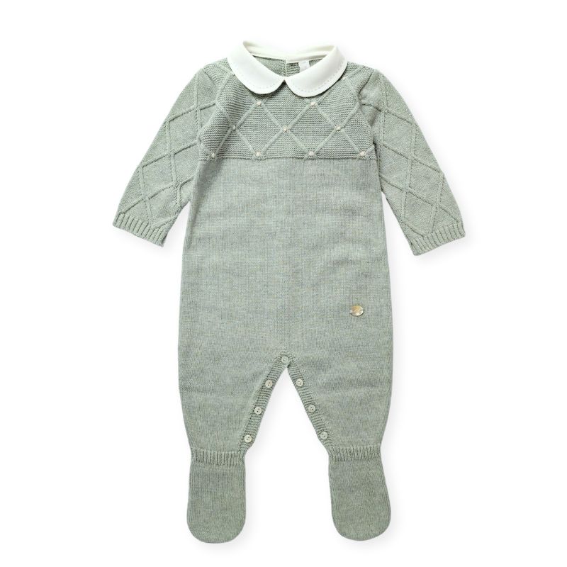 シックなミントグリーンの足付きニットロンパース