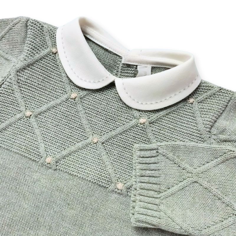 シックなミントグリーンの足付きニットロンパース