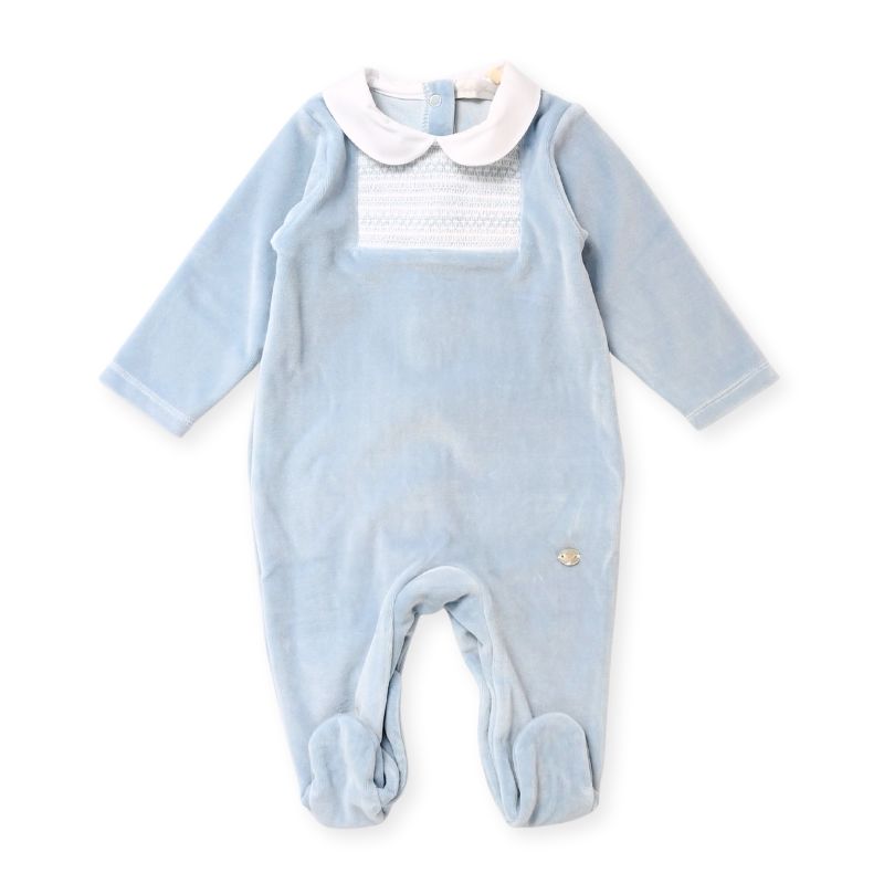 スモッキングヨークの足付きベロアロンパース