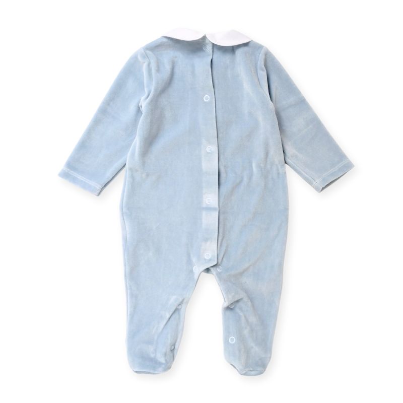 スモッキングヨークの足付きベロアロンパース