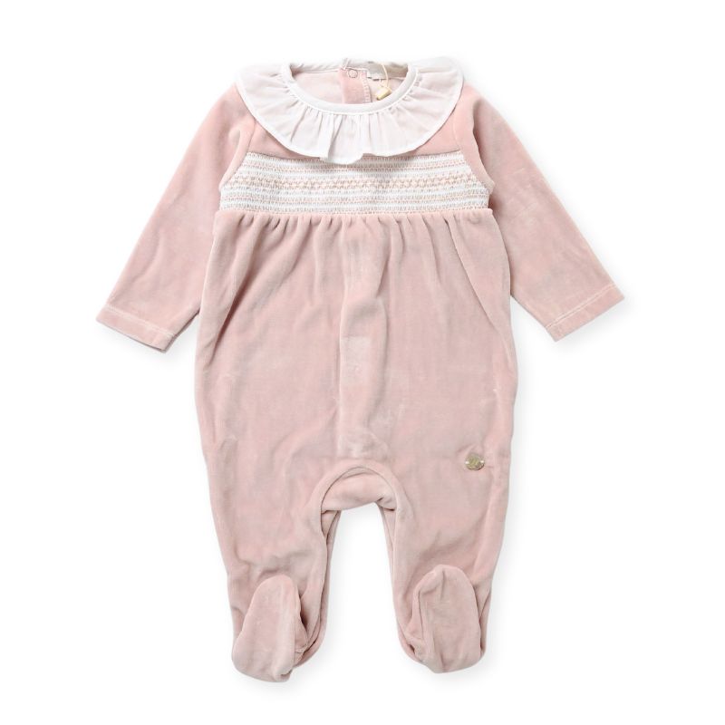 フリルカラー・スモッキング・足付きベロアロンパース