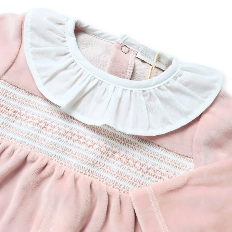 フリルカラー・スモッキング・足付きベロアロンパース