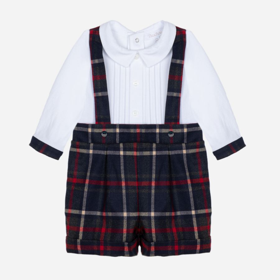 お洒落なチェックのサロペット風ロンパース