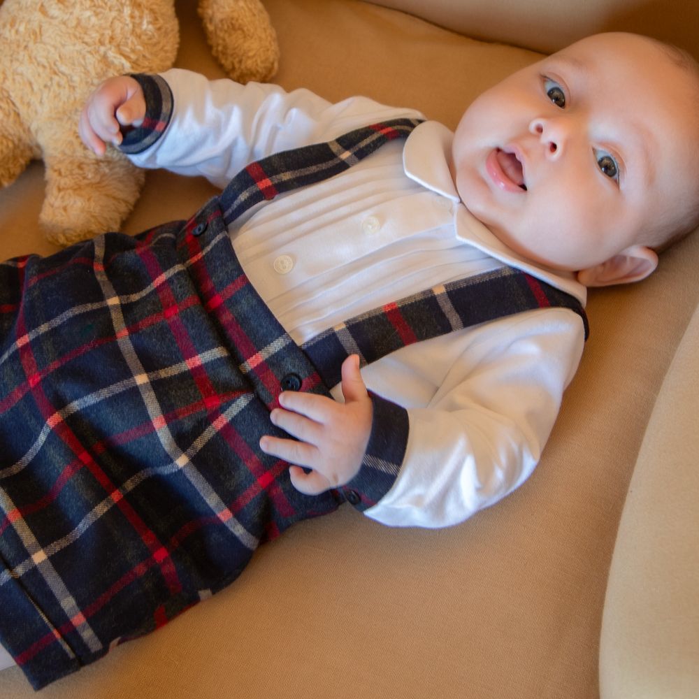 お洒落なチェックのサロペット風ロンパース