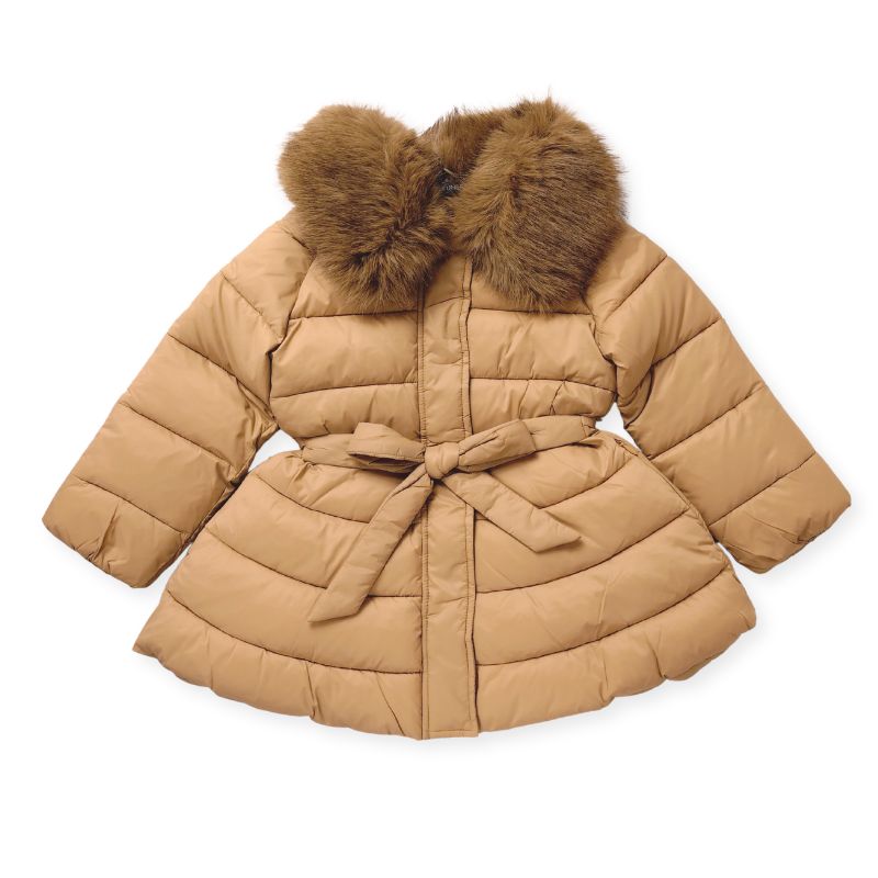 ファーカラー付きベージュキルトの中綿入りフレアーコート